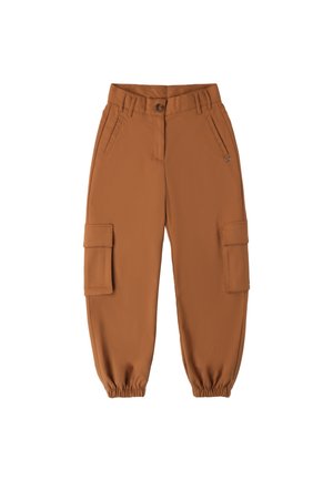 Braune Cargo-Hose mit elastischen Bündchen, mehreren Seitentaschen und Knopfverschluss. Glatte Textur und lockere Passform.