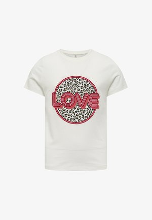 T-shirt en coton blanc avec un imprimé léopard circulaire et le mot "LOVE" en rouge vif. Manches courtes et col rond.