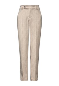 Beige Hosen aus einem strukturierten Stoff, mit einem Knopfverschluss, zwei vorderen Taschen und einem geraden Bein.