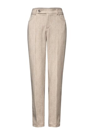 Beige broek van een gestructureerde stof, met een knoopsluiting, twee frontzakken en een rechte pijp.