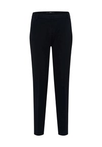 Schwarze Hose mit einem eleganten Design. Hergestellt aus glattem Stoff, bieten sie eine taillierte Passform, Gürtelschlaufen und Fronttaschen für Funktionalität.