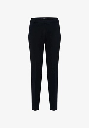 Black trousers with a sleek design. Made of smooth fabric, they feature a tailored fit, belt loops, and front pockets for functionality.