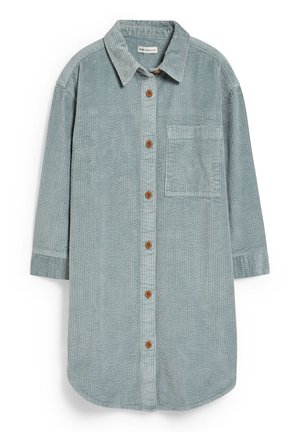 Lichtblauw corduroy overhemd met een knoopsluiting aan de voorkant, lange mouwen, borstzak en houten knopen. Gestructureerde stof met verticale strepen.