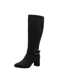 Stivali neri in suede al ginocchio con tacco a blocco, caratterizzati da una fascia larga e un accento metallico circolare alla caviglia per un tocco di eleganza.