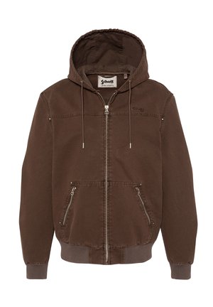 Brązowa bluza z kapturem na zamek z sznurkami, dwoma przednimi kieszeniami na zamek, ściągaczami na mankietach i u dołu oraz subtelnym haftowanym logo na piersi.