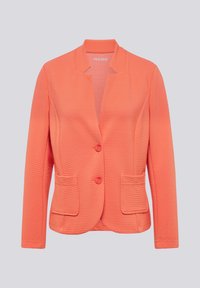 Korallenfarbener, gerippter Blazer mit Schalkragen, zwei vorderen Taschen und zwei Knöpfen. Das Design bietet eine taillierte Silhouette und einen strukturierten Stoff.