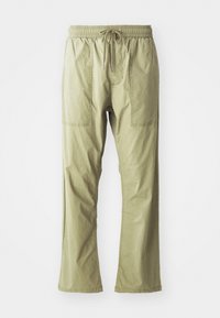 Olive green, lightweight cargo pants with a drawstring waist, two front pockets, and a relaxed fit. Smooth cotton fabric, straight leg design.