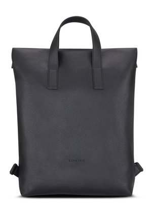 Rucsac din piele neagră cu o suprafață texturată, două mânere superioare și curele ajustabile. Design minimalist, fără modele sau embellishments vizibile.