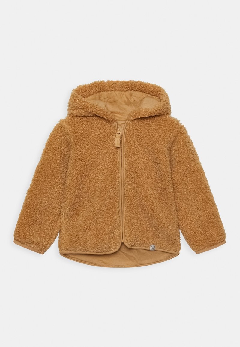 Veste à capuche marron duveteuse avec fermeture éclair devant, manches longues et ourlet légèrement arrondi, présentée sur un fond clair uni.