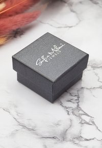 Svart texturerad smyckeslåda med en slät yta, med metallisk silvertext som läser "Sofia Milani Jewels." Fyrkantig med ett lock.