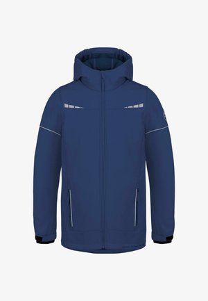 Blaues Outdoor-Jacke mit Kapuze, zwei seitlichen Reißverschlusstaschen, reflektierenden Akzenten und glatter Textur. Reißverschluss vorne.