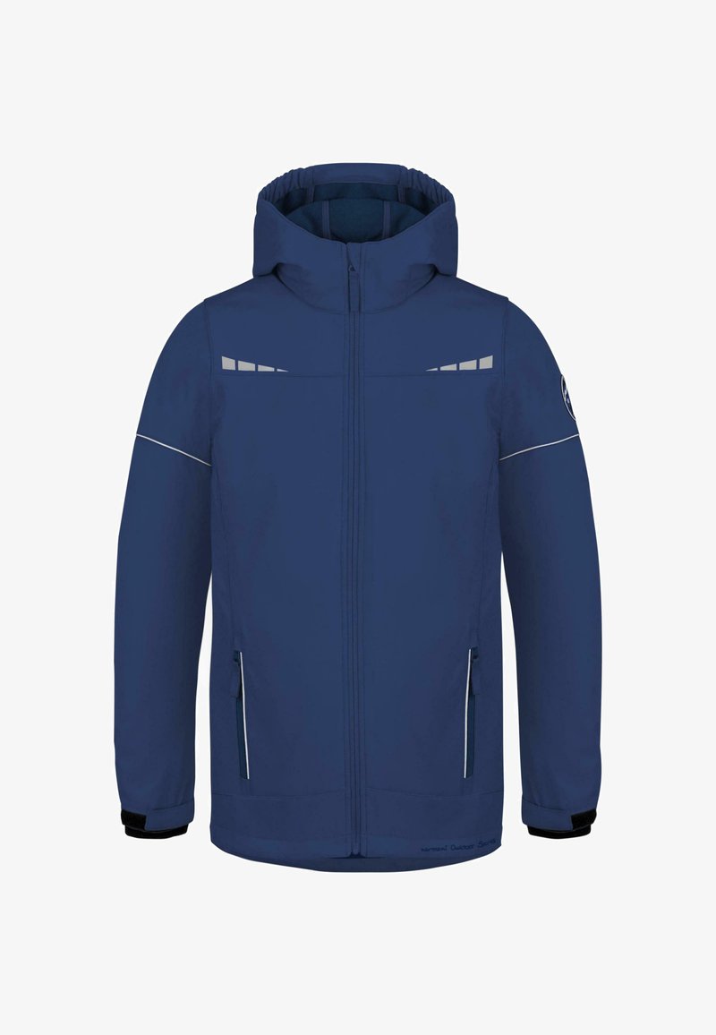 Blaues Outdoor-Jacke mit Kapuze, zwei seitlichen Reißverschlusstaschen, reflektierenden Akzenten und glatter Textur. Reißverschluss vorne.