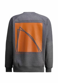 Grijze sweatshirt met een gestructureerde oranje rechthoekige graphic met abstracte vormen en bedrukte tekst op de achterkant. Ribgebreide manchetten en zoom.