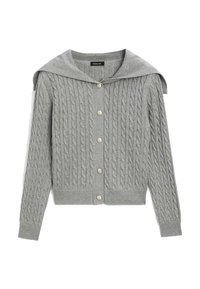 Gray knitted cardigan with cable pattern, large collar, long sleeves, and front button closure. Features ribbed cuffs and waistband.