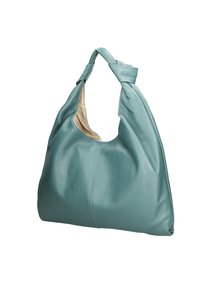 Zacht leren hobo-tas in teal met een slappe vorm, voorzien van een enkele geknoopte handgreep aan de bovenkant en een contrasterende beige binnenkant.