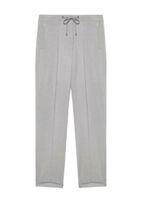 Hellgraue Hose aus weichem Stoff, mit Kordelzugbund und zwei Seitentaschen. Gerade Beinform mit feiner Struktur.