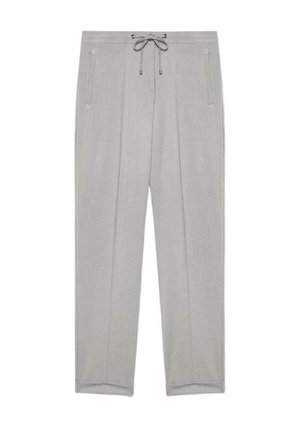 Light gray trousers made of soft fabric, featuring a drawstring waistband and two side pockets. Straight-leg design with subtle texture.