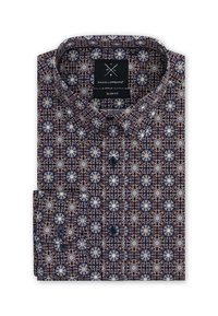 Slim-fit koszula z guzikiem w ciemnoniebieskim kolorze z kwiatowym i geometrycznym wzorem, z kołnierzykiem w kształcie wyostrzonego węzła oraz metką wewnętrzną.