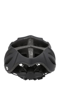 Sort cykelhjelm med aerodynamisk design, tekstureret overflade, flere ventilationsåbninger for luftgennemstrømning og en justerbar pasformmekanisme bagpå.