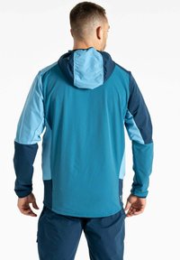 Sportjacke in verschiedenen Blautönen, mit Kapuze, langen Ärmeln und lockerer Passform. Glatter Stoff mit kontrastierendem Paneldesign.