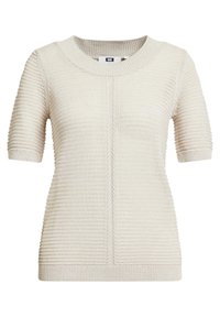 Kortärmad krämfärgad tröja med ribbad struktur, rund halsringning och kontrasterande släta paneler. Tillverkad av mjukt stickat material.