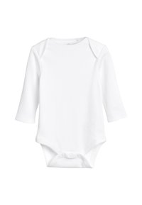 Vit långärmad babybodysuit i mjuk bomull, med rund halsringning, knäpplås i botten och snug passform.