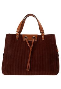 Sac à main en velours côtelé marron avec poignées en cuir et détail à cordon sur fond blanc.
