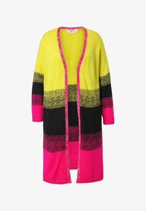 Cardigan lavorato a maglia con apertura frontale, caratterizzato da ampie strisce gialle, nere e rosa. Include motivi testurizzati e rifiniture a contrasto lungo i bordi.