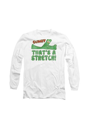 White long-sleeve shirt with green Gumby character stretching and text saying "Gumby That's a stretch!" in green and red letters.