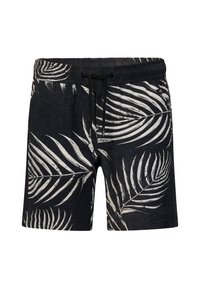 Czarne szorty z elastycznym paskiem z troczkami, ozdobione białym wzorem liści palmowych. Wykonane z lekkiego materiału, mają luźny krój oraz boczne kieszenie.