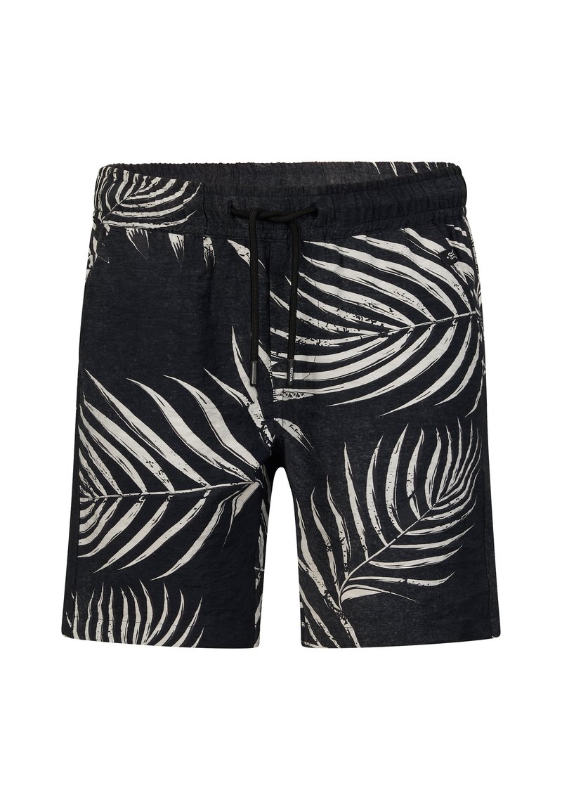 Czarne szorty z elastycznym paskiem z troczkami, ozdobione białym wzorem liści palmowych. Wykonane z lekkiego materiału, mają luźny krój oraz boczne kieszenie.