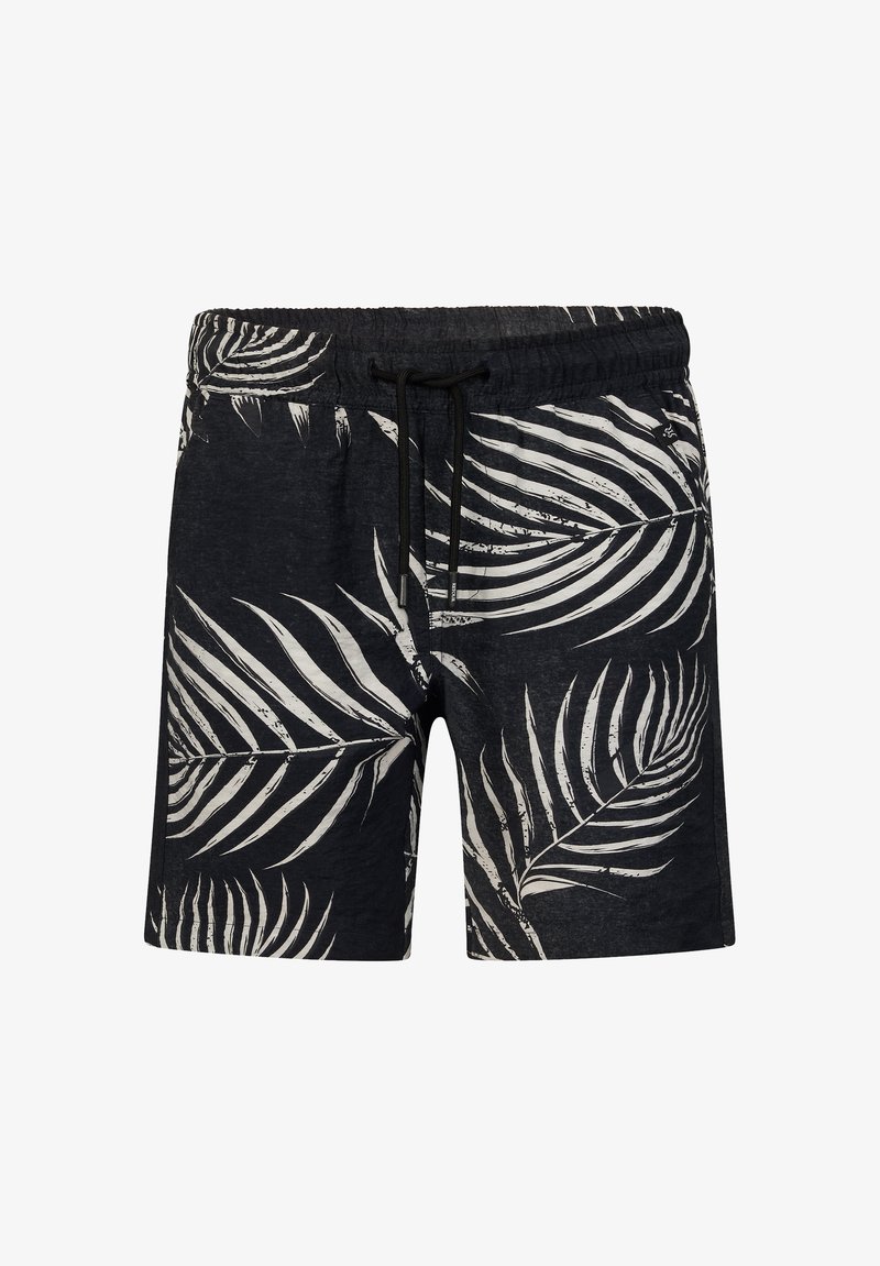 Czarne szorty z elastycznym paskiem z troczkami, ozdobione białym wzorem liści palmowych. Wykonane z lekkiego materiału, mają luźny krój oraz boczne kieszenie.