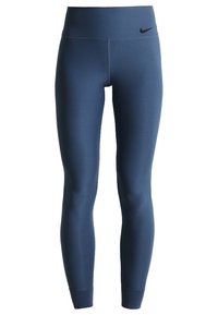 Leggings bleu marine en tissu extensible et évacuant l'humidité, avec une large taille élastique et un petit logo noir sur la hanche.