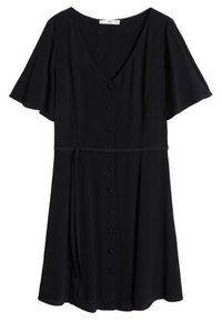 Vestido negro de longitud hasta la rodilla con escote en V, mangas cortas acampanadas y parte delantera con botones. Presenta un cinturón de tela para un ajuste ajustable.