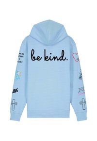 Felpa con cappuccio azzurro chiaro con la scritta "be kind.", grafiche colorate e diverse frasi sulle maniche. Realizzata in tessuto morbido e texturizzato con cappuccio.