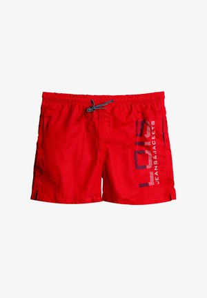 Pantalones cortos de baño rojos fabricados con tejido ligero, con una cinturilla elástica y cordón ajustable, bolsillos laterales y detalles de logotipo impresos.