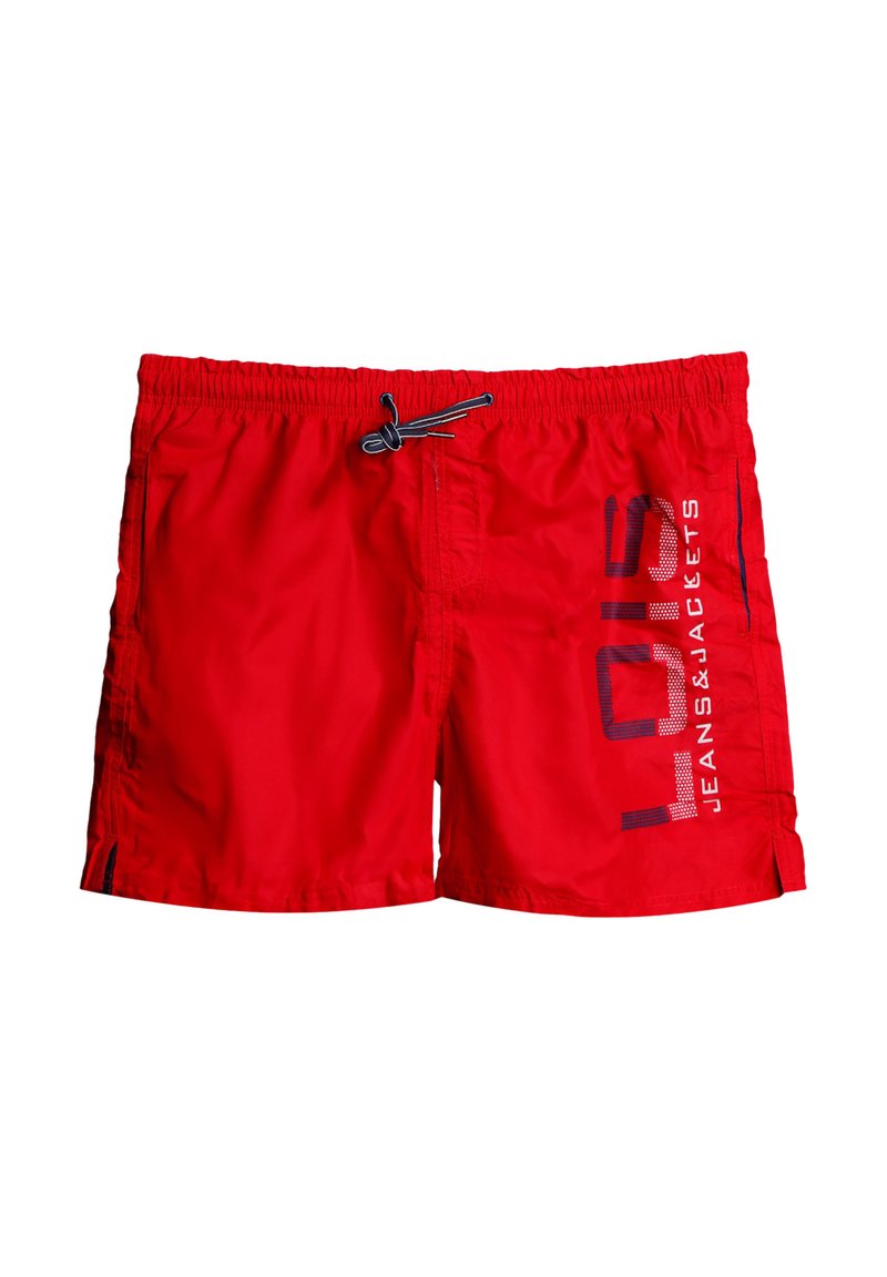 Pantalones cortos de baño rojos fabricados con tejido ligero, con una cinturilla elástica y cordón ajustable, bolsillos laterales y detalles de logotipo impresos.