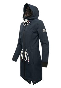 Navy blue jacket with a hood, featuring drawstrings, zip closure, and contrasting inner lining with a colorful pattern. Two side pockets included.