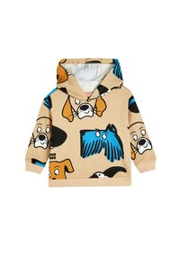 Sudadera beige con estampados de perros en negro, naranja y azul. Cuenta con un bolsillo frontal, capucha y puños acanalados; tela suave con una textura lisa.