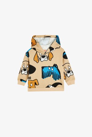 Beige hoodie met hondenprints in zwart, oranje en blauw. Heeft een voorzak, capuchon en ribbelmanchetten; zachte stof met een gladde textuur.