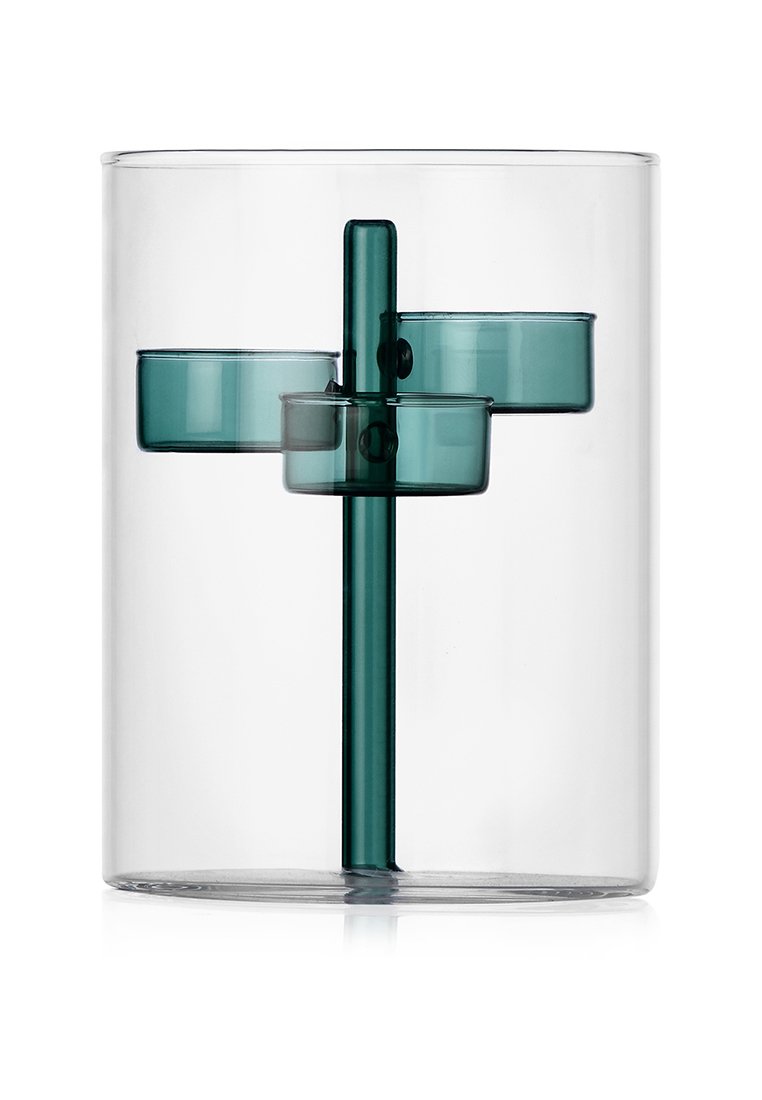 Przezroczysty szklany pojemnik z centralnym akcentem w kolorze teal, z wzorem w kształcie krzyża i dwiema mniejszymi sekcjami w kolorze teal przymocowanymi do niego.
