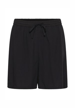 Pantaloni scurți casual negri cu talie elastică și șnur, concepuți pentru un confort sporit.