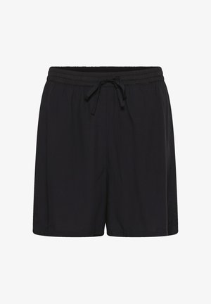 Pantaloni scurți casual negri cu talie elastică și șnur, concepuți pentru un confort sporit.