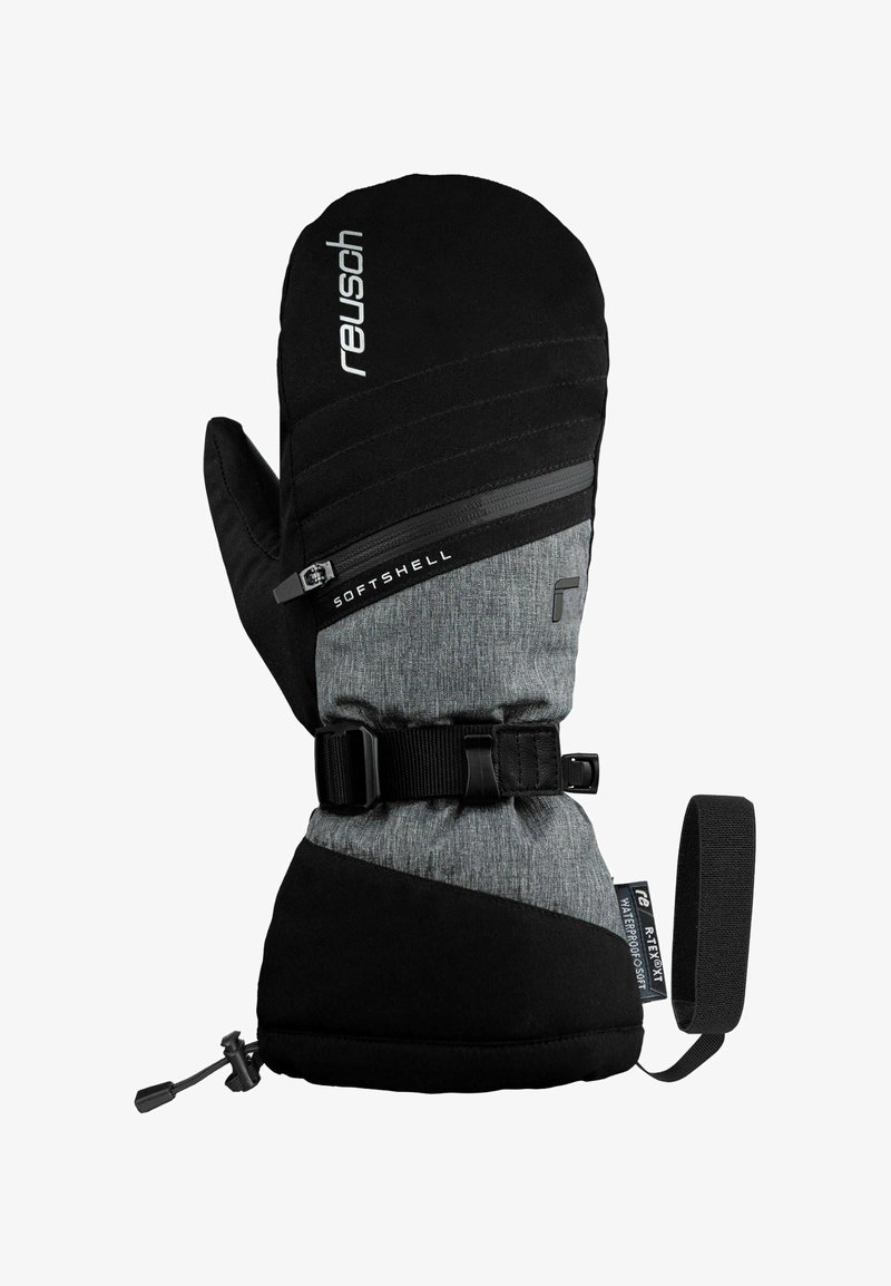 Zwarte en grijze wanten met een softshell ontwerp, een veilige klittenbandsluiting en een koord voor een verstelbare pasvorm. Voorzien van een ritszak.