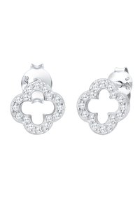 Sterling silver auskarai, primenantys keturlapius, su šviesių kristalų pavėsine aplink atviras centrus.