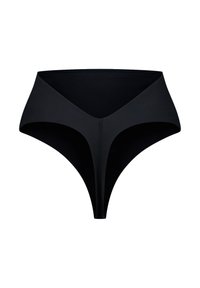Zwarte hoge taille slip met een V-vormige voorkant, gemaakt van een gladde stof, met minimale stiksels en naadloze randen voor comfort.