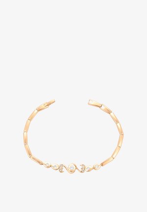 Armband in Goldoptik mit verlängerten Gliedern und einem zentralen Design, das silberne Akzente sowie klare Edelsteine in Tropfen- und runder Form aufweist.
