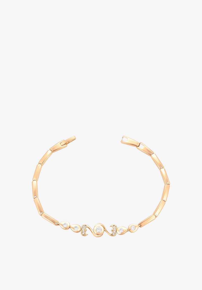 Zlatý náramek s protáhlými články a centrálním designem obsahujícím stříbrné akcenty a čiré drahokamy ve tvaru kapky a kulatém tvaru.