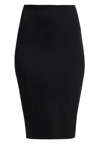 Jupe crayon noire longueur genou avec taille haute, texture lisse et silhouette ajustée.