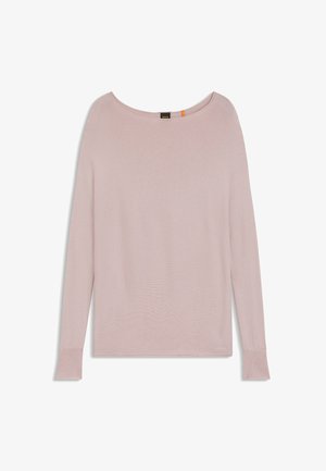 Light pink knitted long-sleeve top with a relaxed scoop neckline and ribbed cuffs. Labels visible on the neck. Soft texture, casual fit.